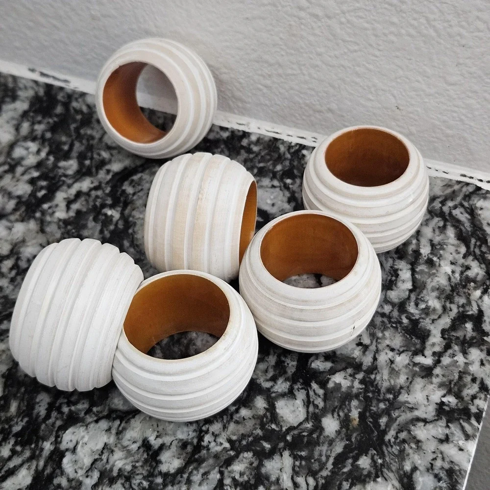 Set of 6 Whitewashed Ribbed Wood Napkin Rings Beehive Spherical Farmhouse Boho